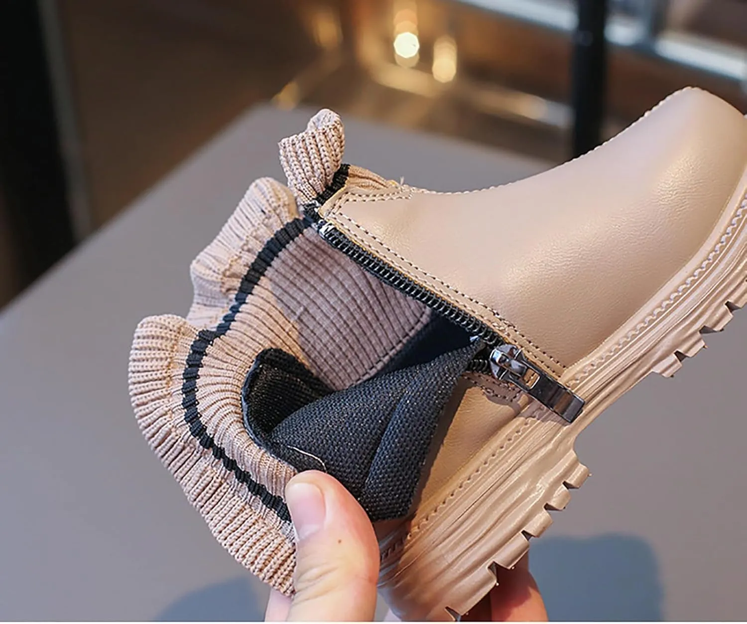 Ankle Boots for Girls Ruffle Side Zip Slip On Casual Short Booties Lug Sole Chunky Low Heel Short Dress Boot Shoes