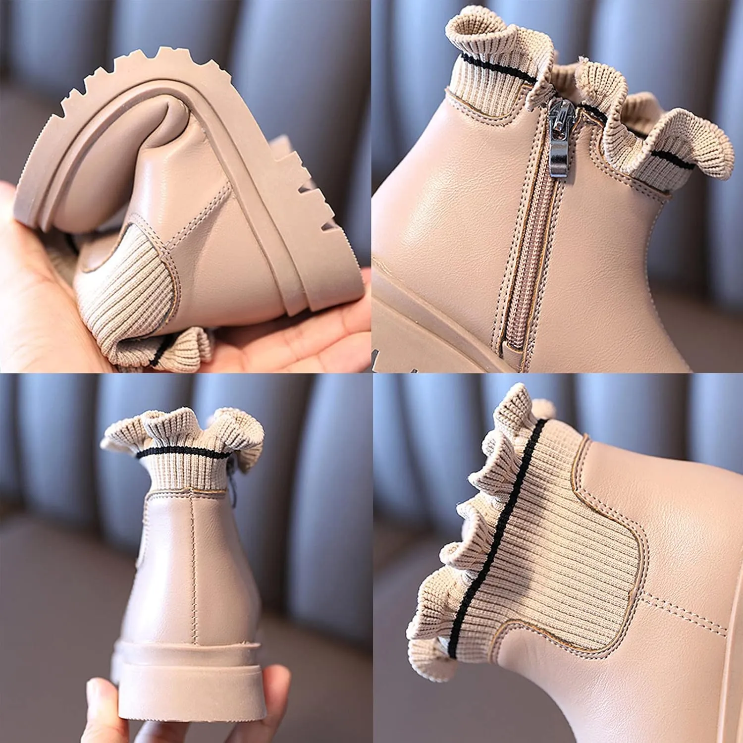 Ankle Boots for Girls Ruffle Side Zip Slip On Casual Short Booties Lug Sole Chunky Low Heel Short Dress Boot Shoes