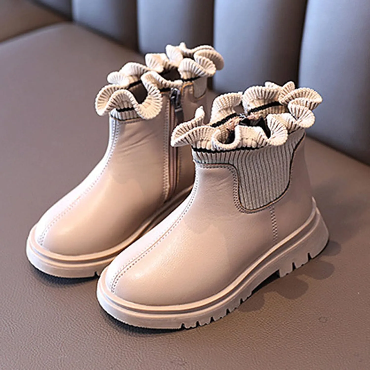 Ankle Boots for Girls Ruffle Side Zip Slip On Casual Short Booties Lug Sole Chunky Low Heel Short Dress Boot Shoes