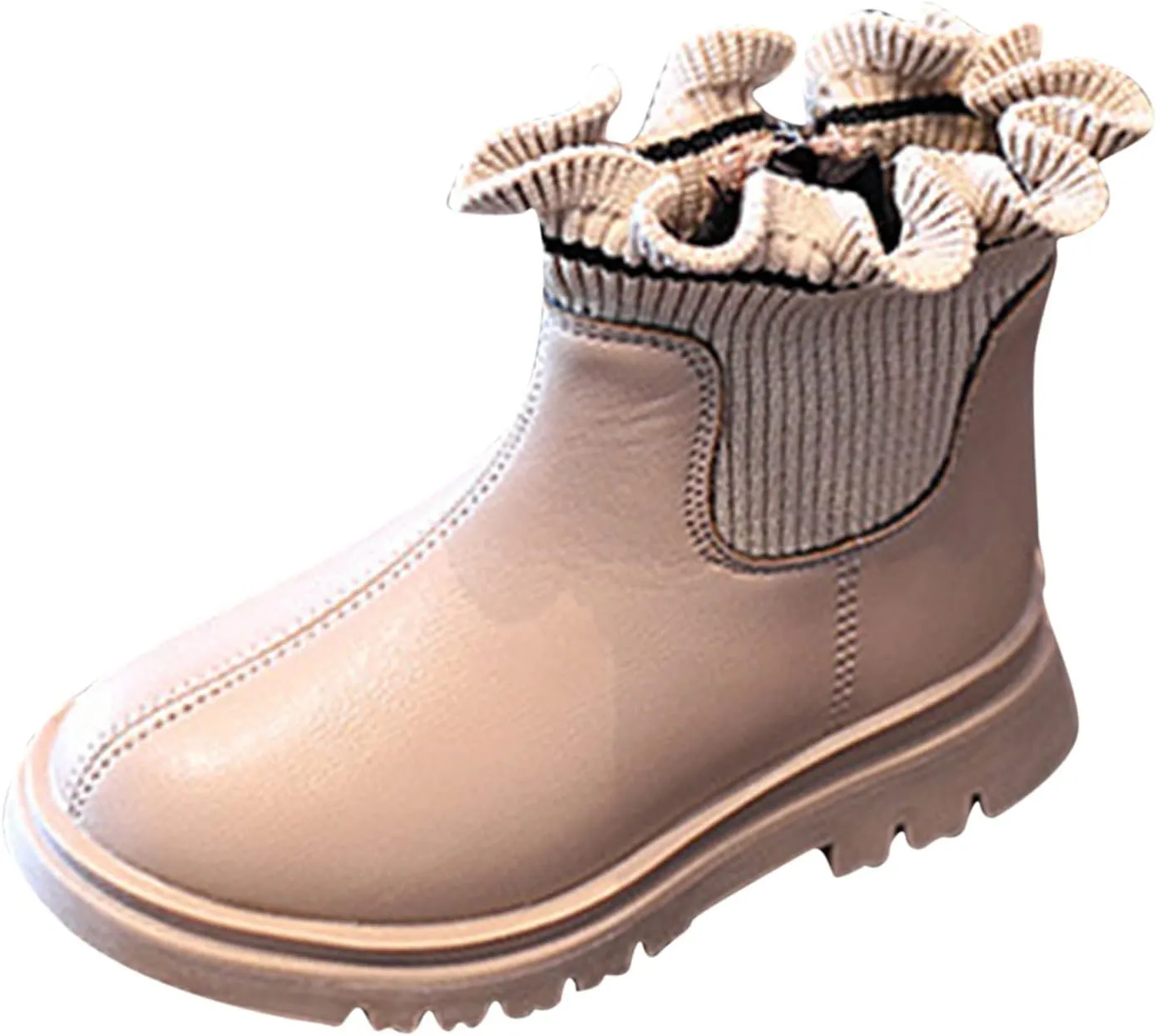 Ankle Boots for Girls Ruffle Side Zip Slip On Casual Short Booties Lug Sole Chunky Low Heel Short Dress Boot Shoes