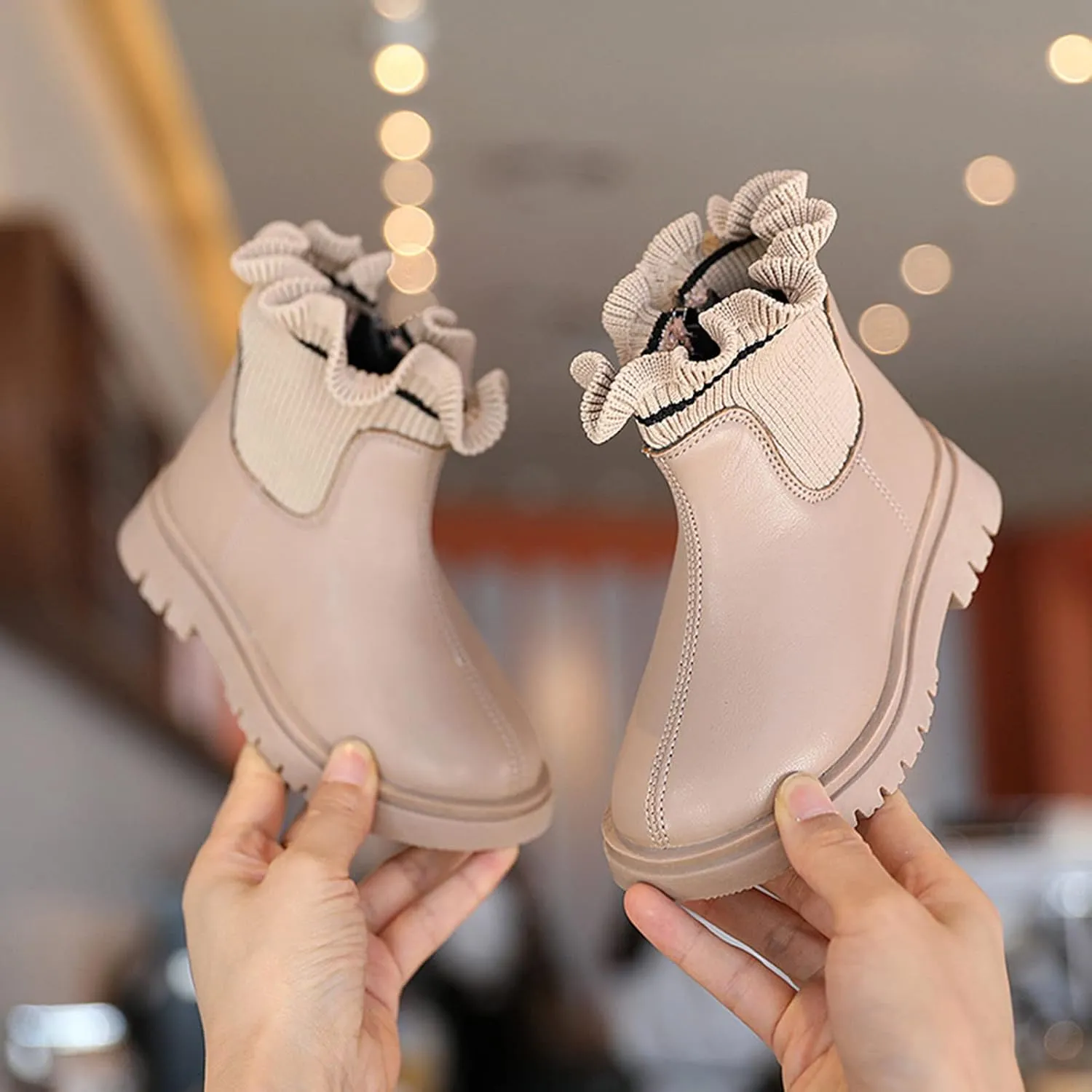 Ankle Boots for Girls Ruffle Side Zip Slip On Casual Short Booties Lug Sole Chunky Low Heel Short Dress Boot Shoes