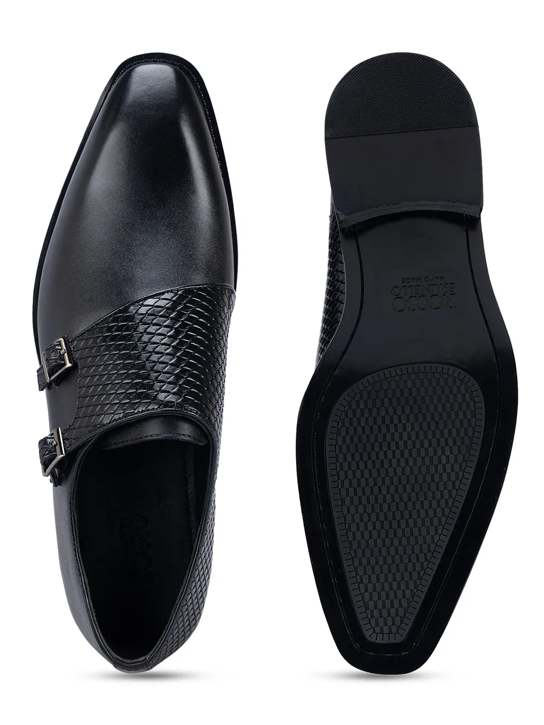 Black Textured Leather Monk Straps