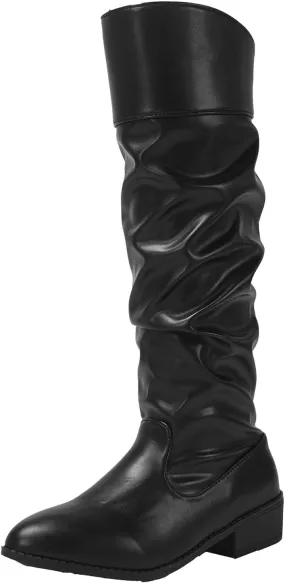 Boots for Women Chunky Heel Round Toe Knee High Boots Solid Color Pleated 2024 Vintage Fashion Women Boots
