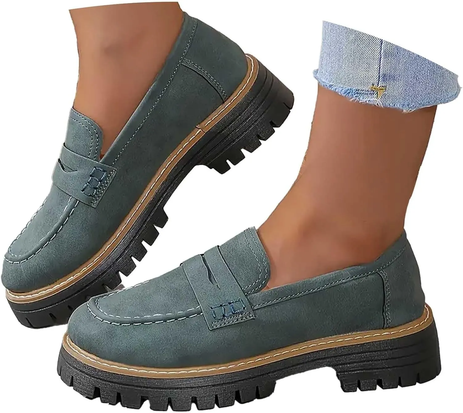 Chunky Loafers Women Wide Slip On Shoes Comfortable Platform Loafers Leather Lug Sole Loafers Casual Penny Loafers