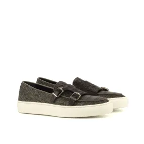 DapperFam Riviera in Black / Herringbone Men's Italian Croco Embossed Leather & Sartorial Monk Sneaker