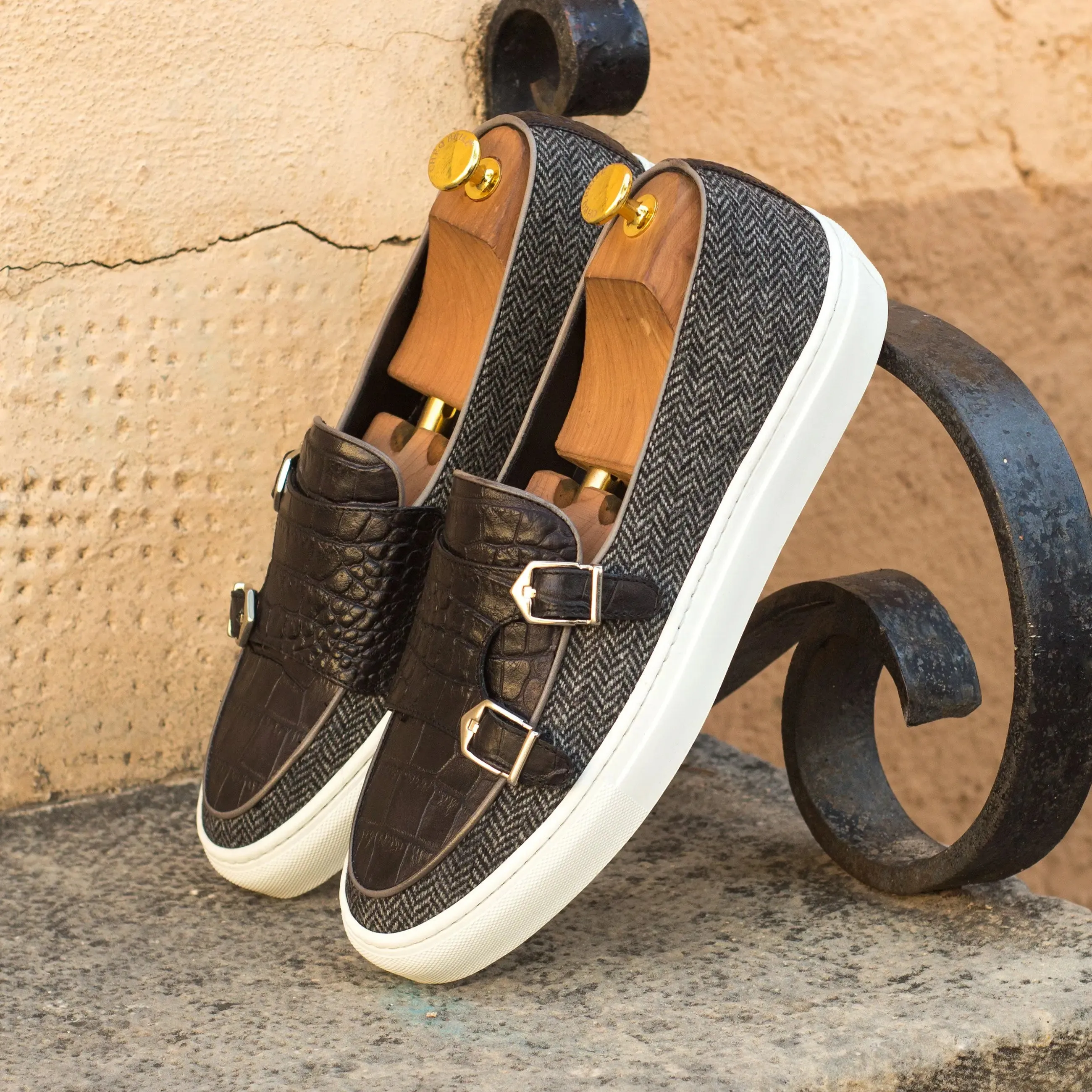 DapperFam Riviera in Black / Herringbone Men's Italian Croco Embossed Leather & Sartorial Monk Sneaker