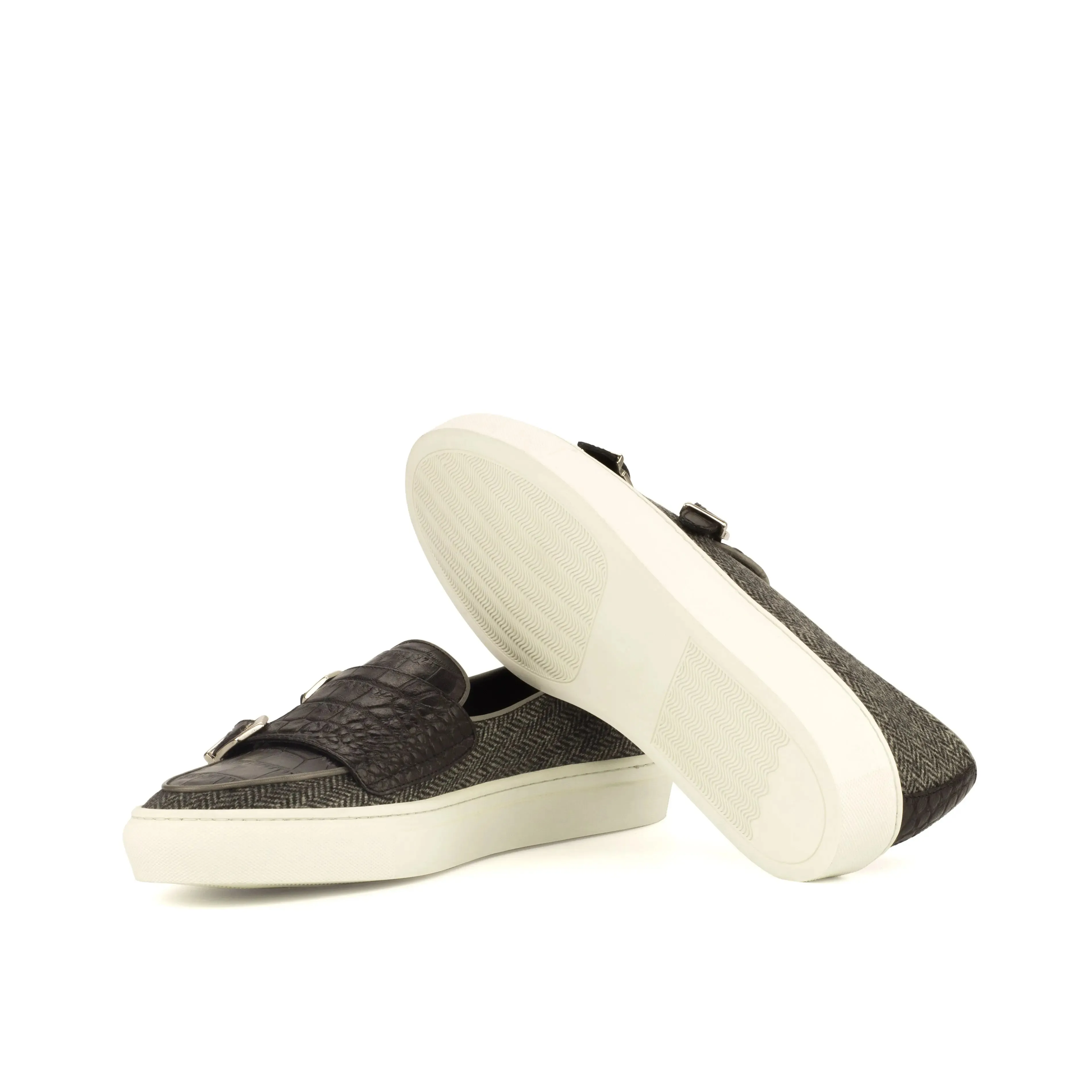 DapperFam Riviera in Black / Herringbone Men's Italian Croco Embossed Leather & Sartorial Monk Sneaker