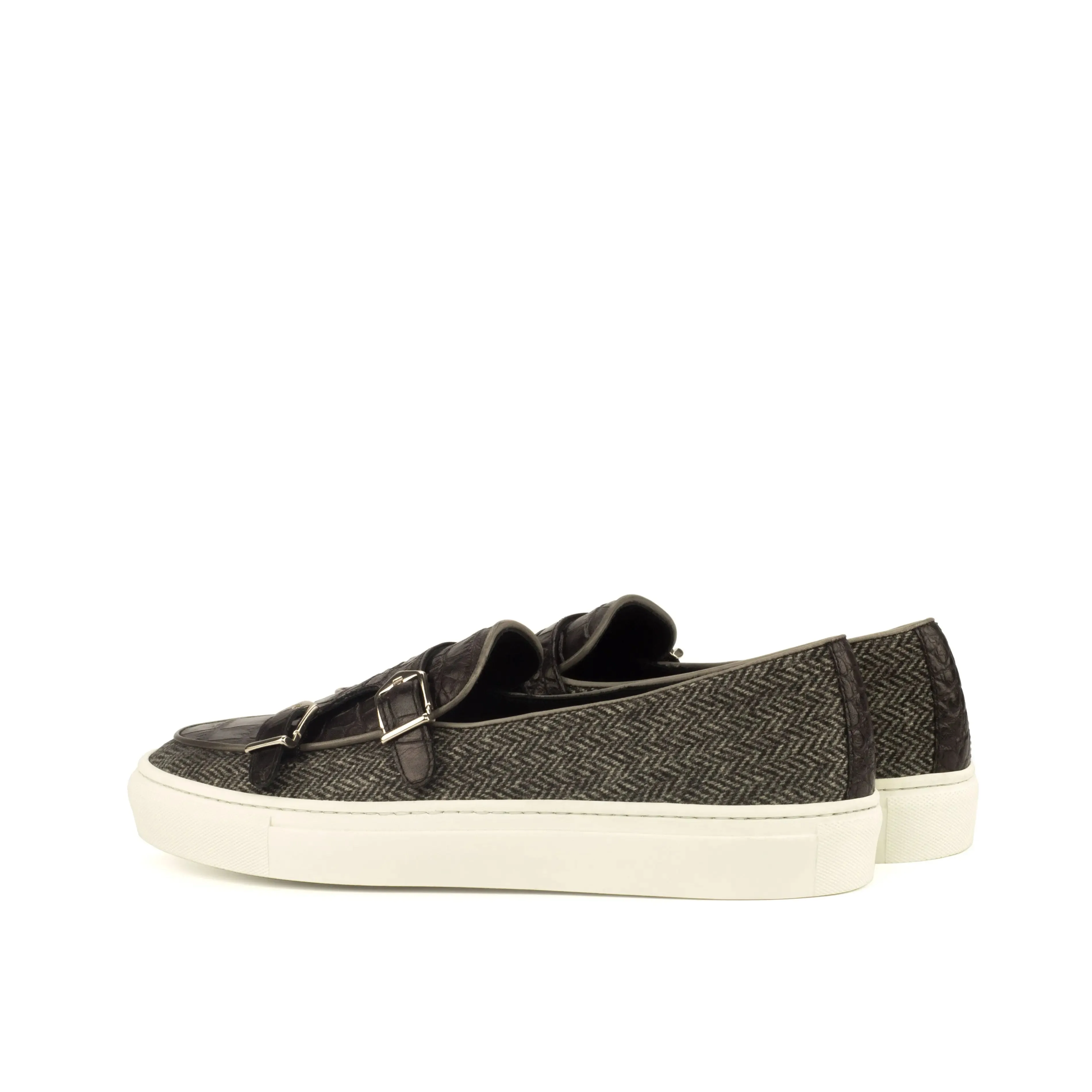 DapperFam Riviera in Black / Herringbone Men's Italian Croco Embossed Leather & Sartorial Monk Sneaker