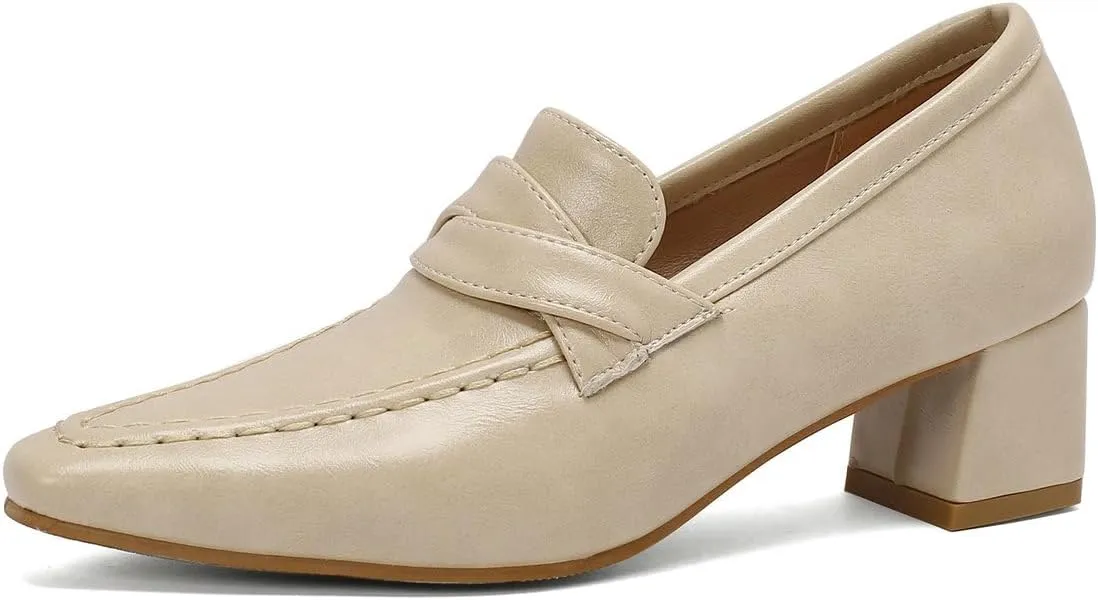 DINTAHA Pointed Toe Chunky Heeled Loafers for Women Slip-On Pumps Dressy Business Casual Dress Shoes