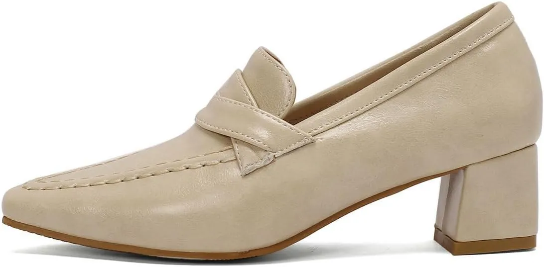 DINTAHA Pointed Toe Chunky Heeled Loafers for Women Slip-On Pumps Dressy Business Casual Dress Shoes