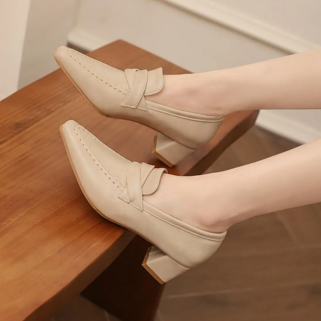 DINTAHA Pointed Toe Chunky Heeled Loafers for Women Slip-On Pumps Dressy Business Casual Dress Shoes