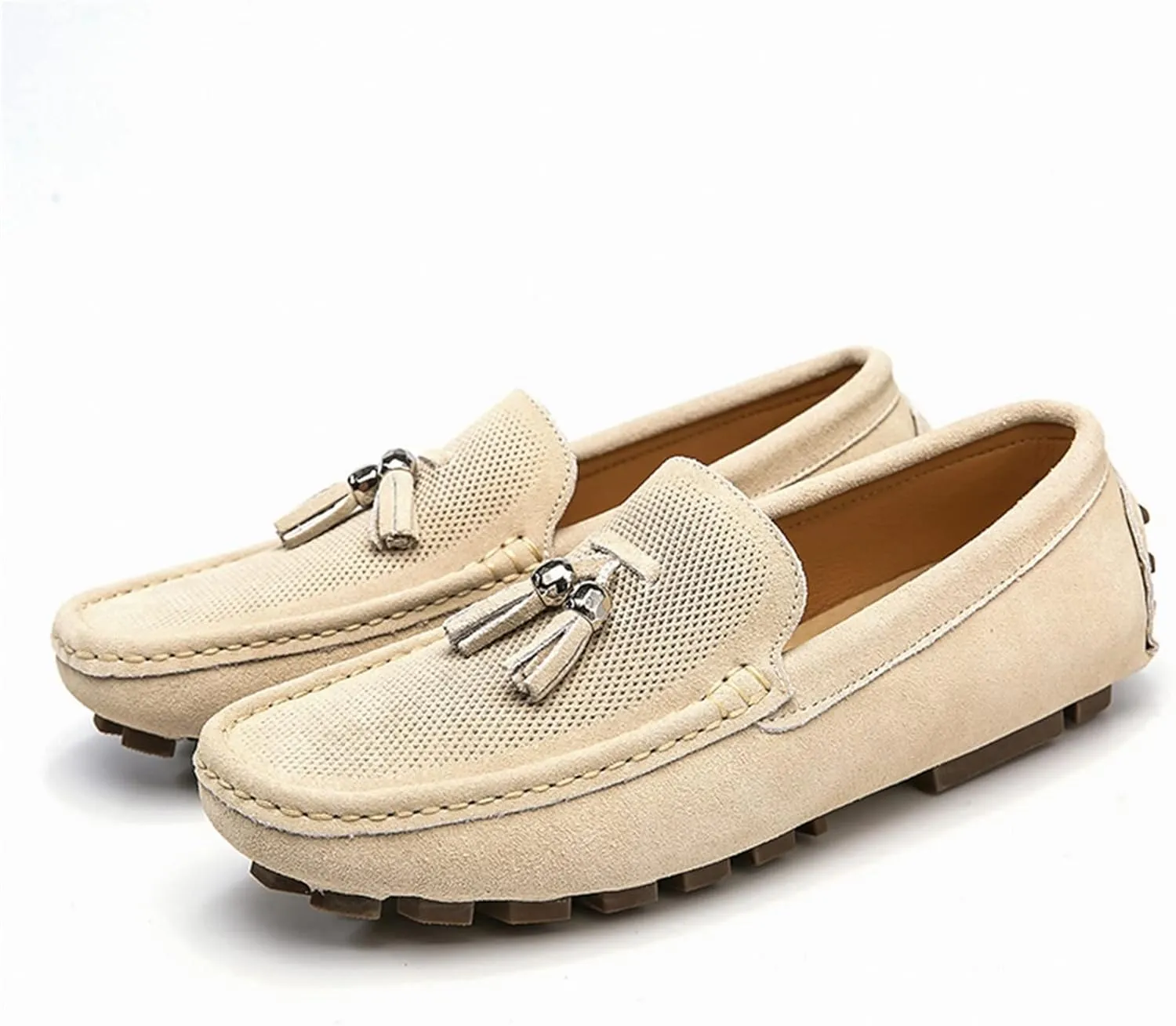 Easy to Put and Remove. Loafer Shoes for Men Genuine Leather Stitching Details Round Toe Tassel Suede Vamp Perforated Resistant Anti-Slip Flat Heel Outdoor Slip on for All Occasions