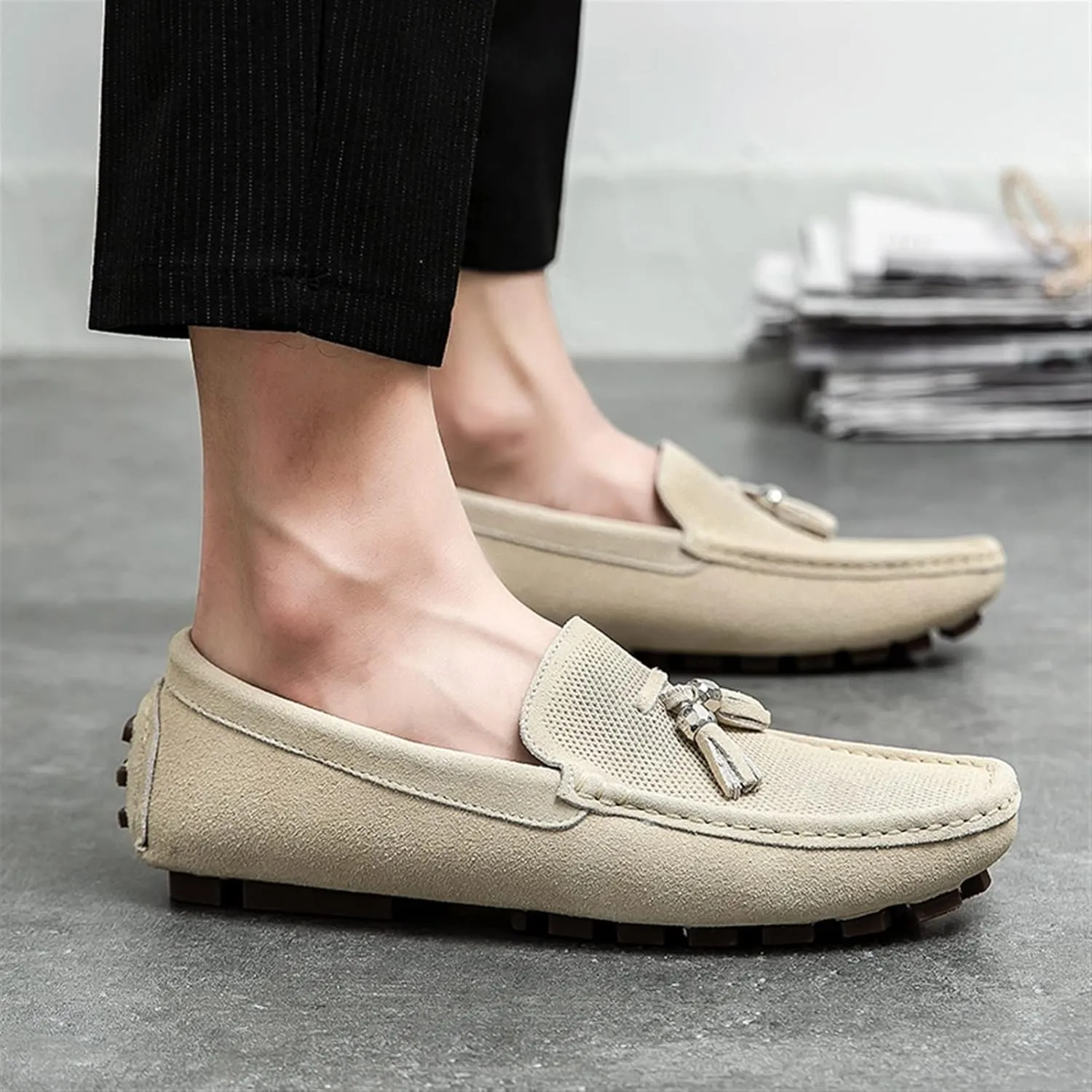 Easy to Put and Remove. Loafer Shoes for Men Genuine Leather Stitching Details Round Toe Tassel Suede Vamp Perforated Resistant Anti-Slip Flat Heel Outdoor Slip on for All Occasions