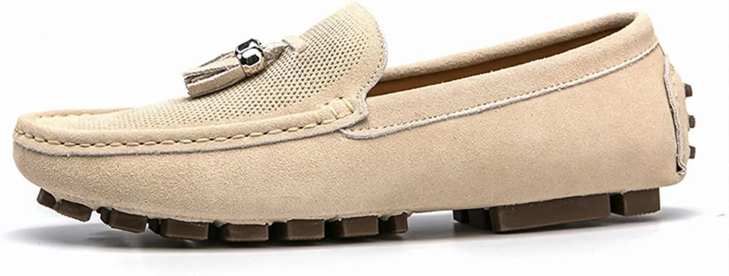 Easy to Put and Remove. Loafer Shoes for Men Genuine Leather Stitching Details Round Toe Tassel Suede Vamp Perforated Resistant Anti-Slip Flat Heel Outdoor Slip on for All Occasions
