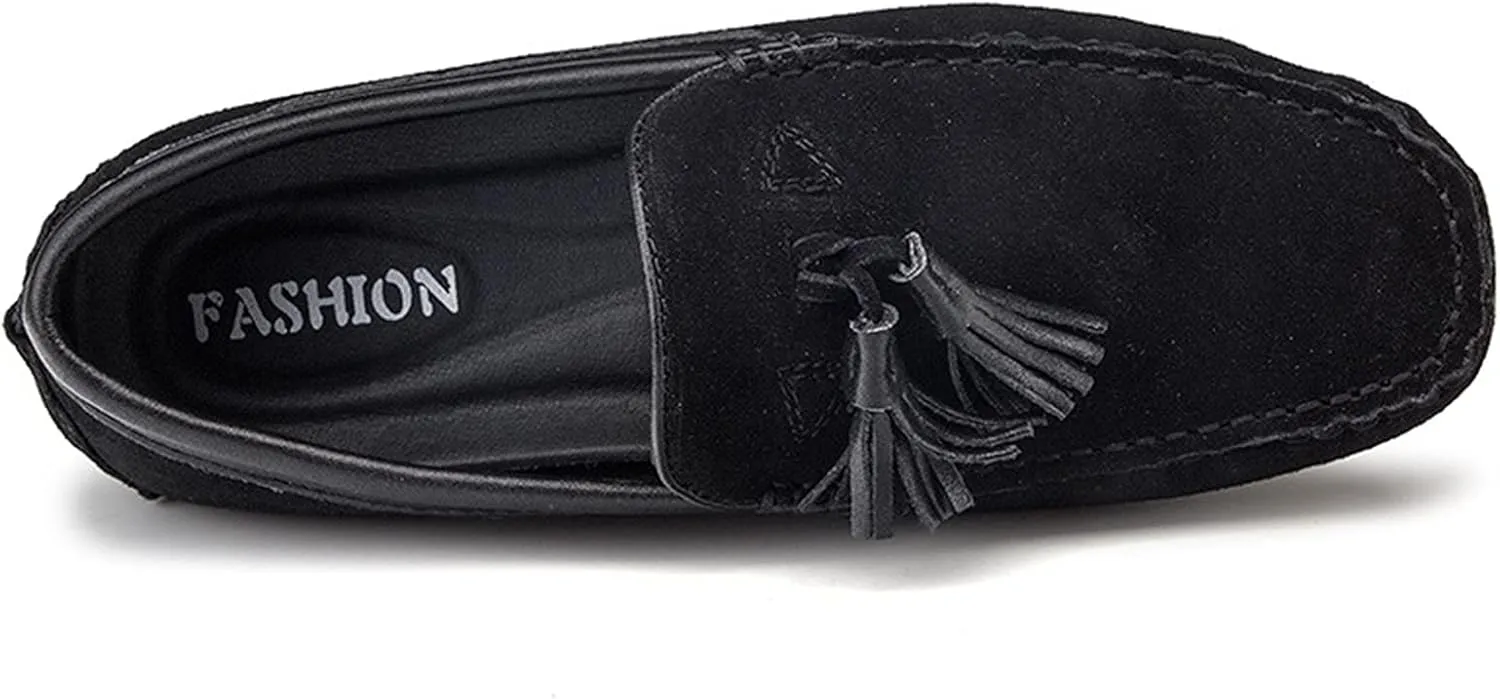 Easy to Put and Remove Smoking Loafer for Men Tassel Genuine Leather Suede Vamp Round Toe Stitching Details Comfortable Flat Heel Flexible Soft Resistant Walking Slip On for All Occasions