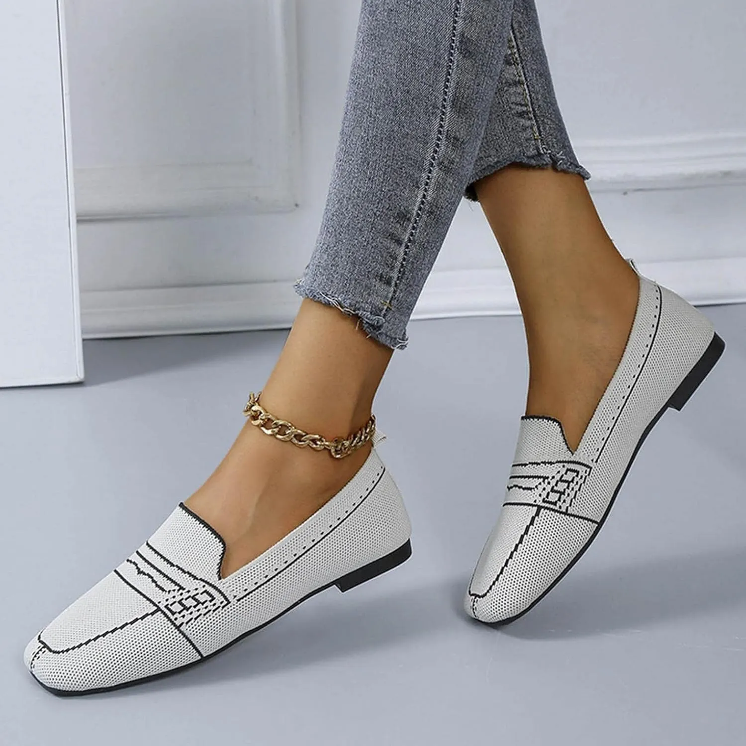 Hbeylia Slip On Loafers For Women Ladies Fashion Casual Breathable Square Toe Low Heels Dress Oxfords Business Formal Office Slip-On Flats Leisure Driving Walking Shoes