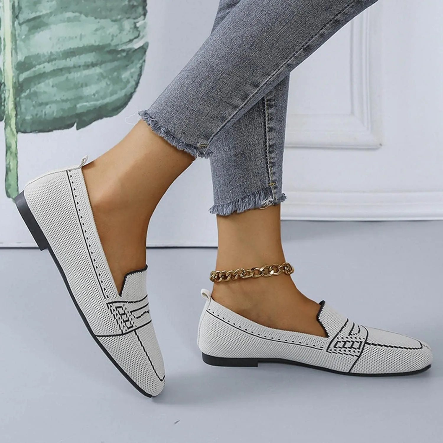 Hbeylia Slip On Loafers For Women Ladies Fashion Casual Breathable Square Toe Low Heels Dress Oxfords Business Formal Office Slip-On Flats Leisure Driving Walking Shoes