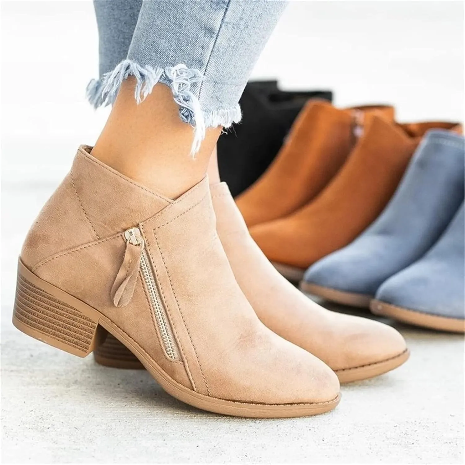 Lausiuoe Boots For Women Ankle Booties Low Heel Cutout Block Stacked Chunky Heel Casual Dressy Slip on Fashion Booties