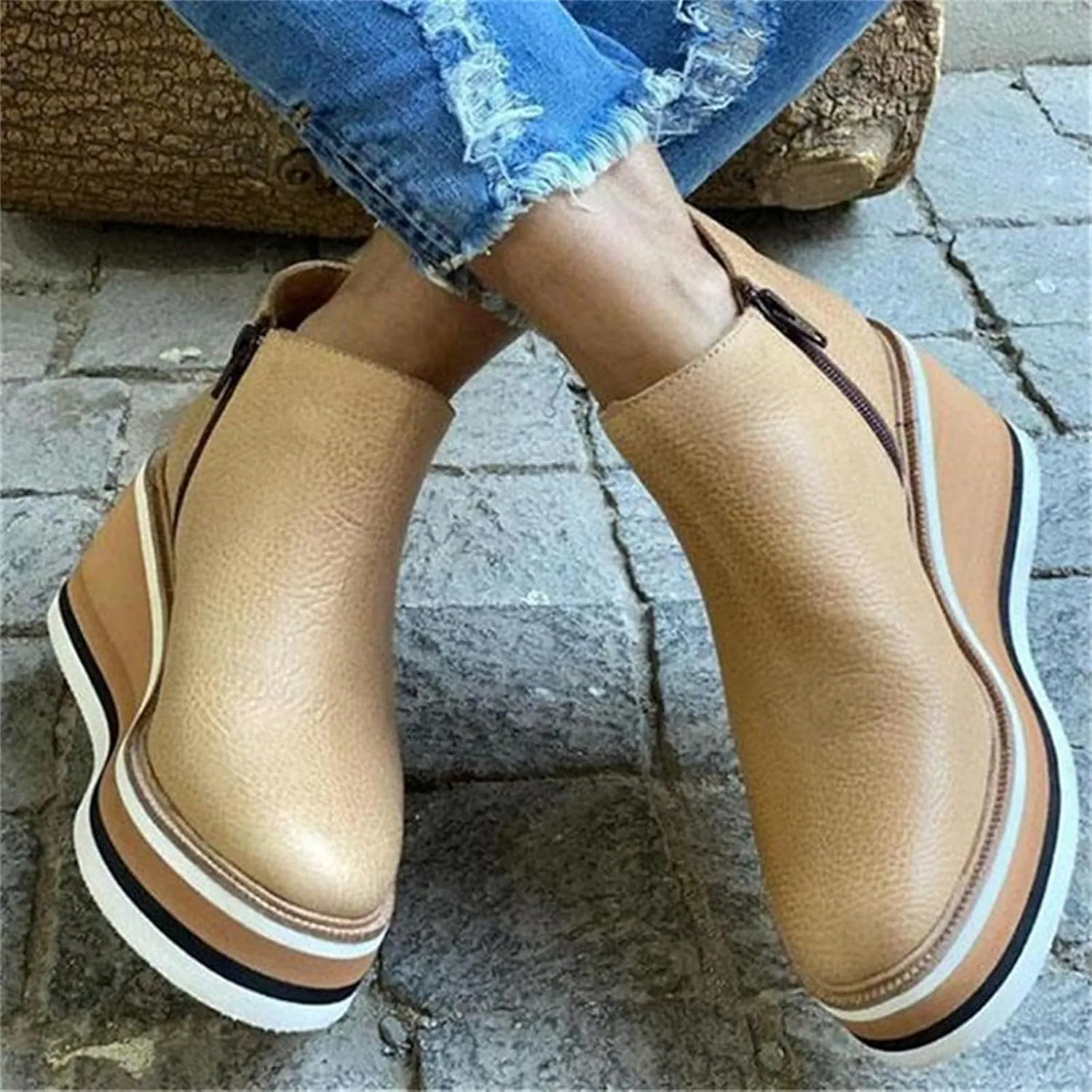 Lausiuoe Wedge Booties For Women Closed Toe Platform Ankle Booties Slip on Casual Dressy Fashion Heeled Western Fall Boots