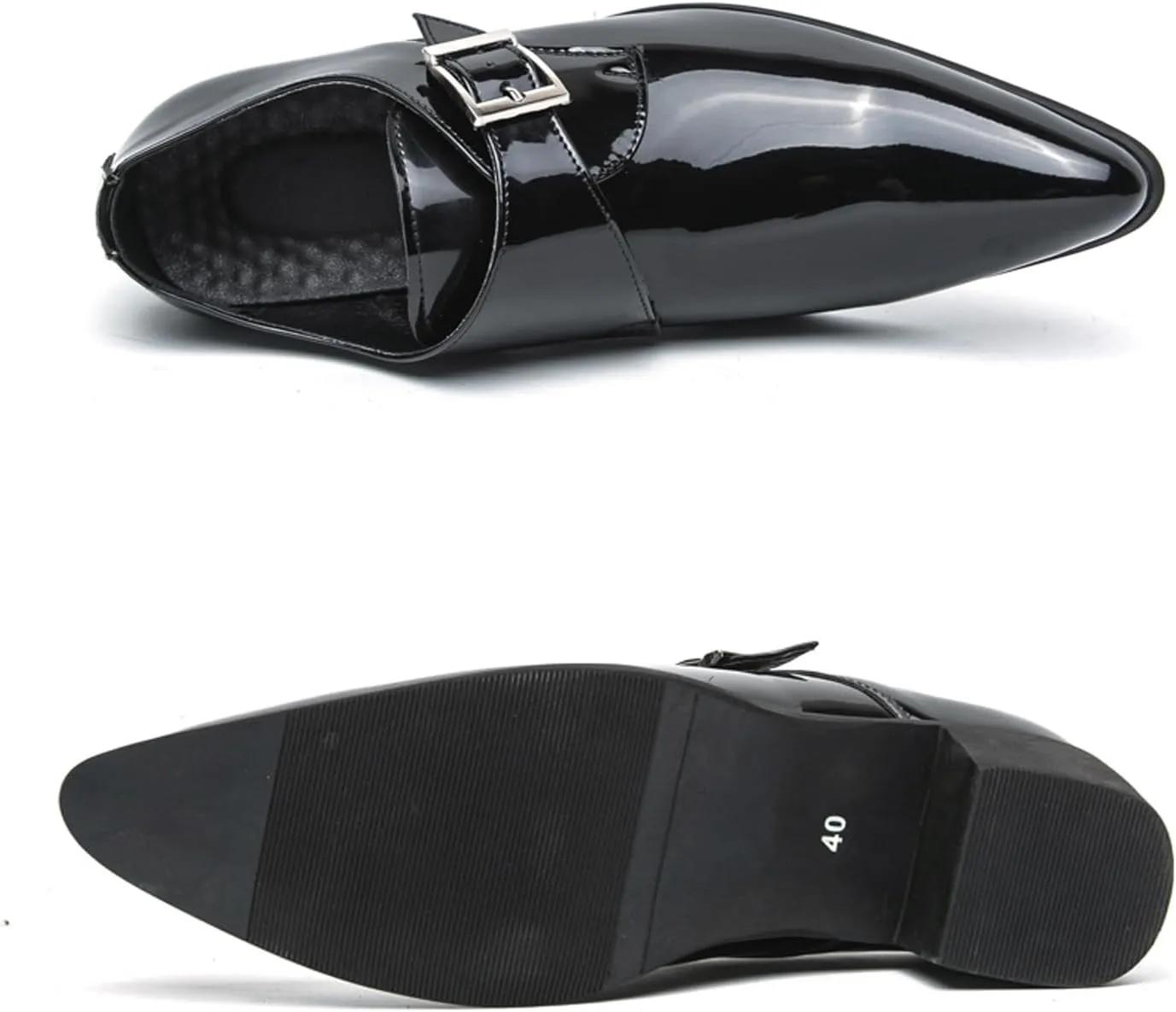 Men's Patent Leather Pointed Monk Strap Low Chunky Heel Loafers Fashion Classic Slip On Comfort Non-Slip Business Dress Oxford Shoes for Wedding Dance Party