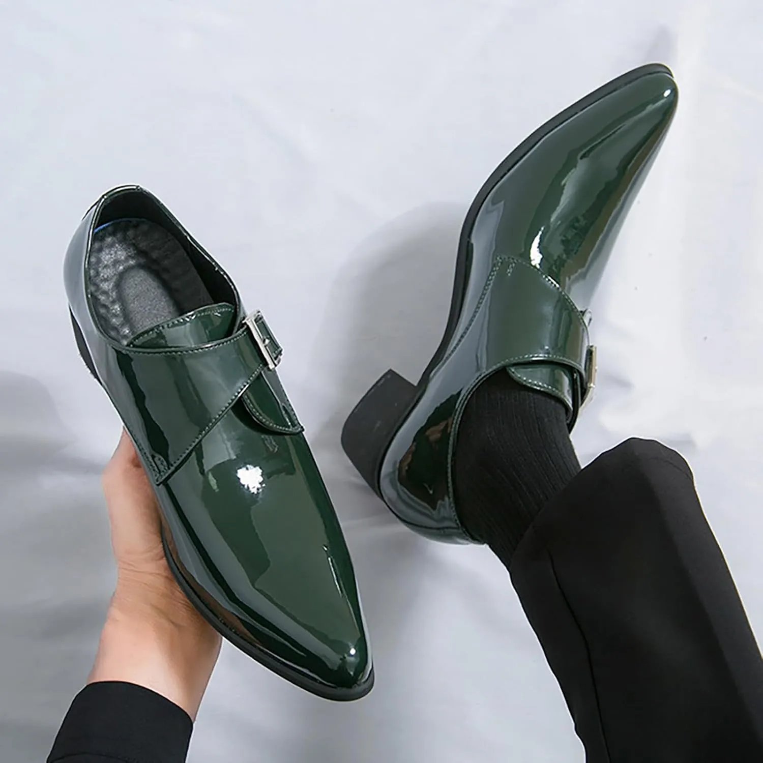 Men's Patent Leather Pointed Monk Strap Low Chunky Heel Loafers Fashion Classic Slip On Comfort Non-Slip Business Dress Oxford Shoes for Wedding Dance Party