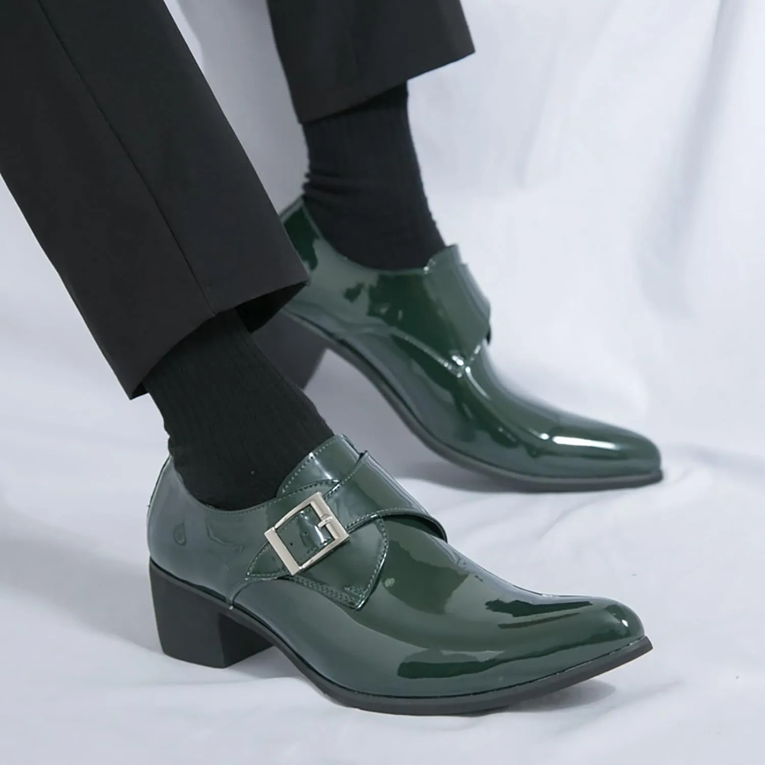 Men's Patent Leather Pointed Monk Strap Low Chunky Heel Loafers Fashion Classic Slip On Comfort Non-Slip Business Dress Oxford Shoes for Wedding Dance Party
