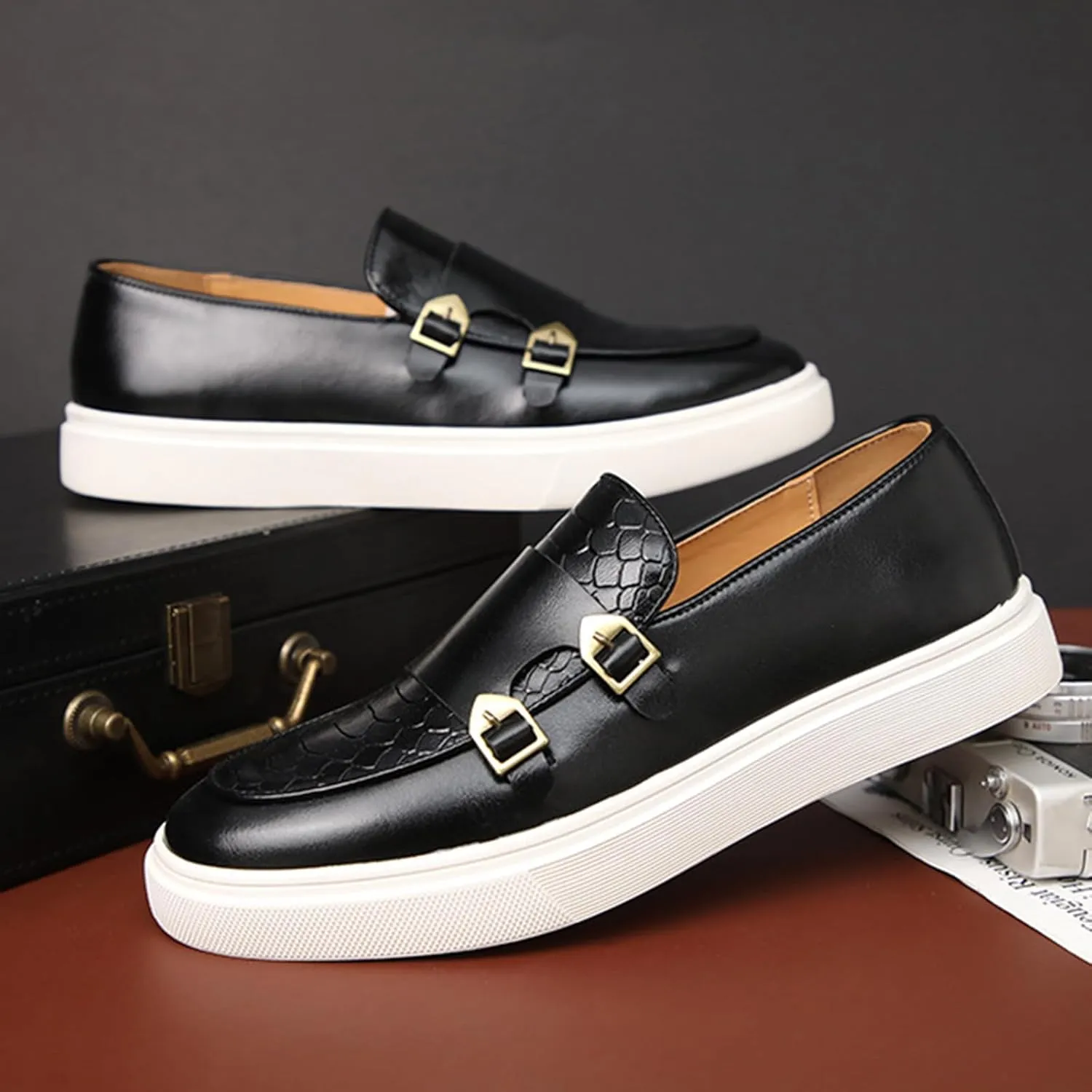 Men's Pattern Leather Double Monk Buckle Slip On Loafers Classic Round Toe Low Top Non-Slip Fashion Sneakers Luxury Casual Business Dress Shoes