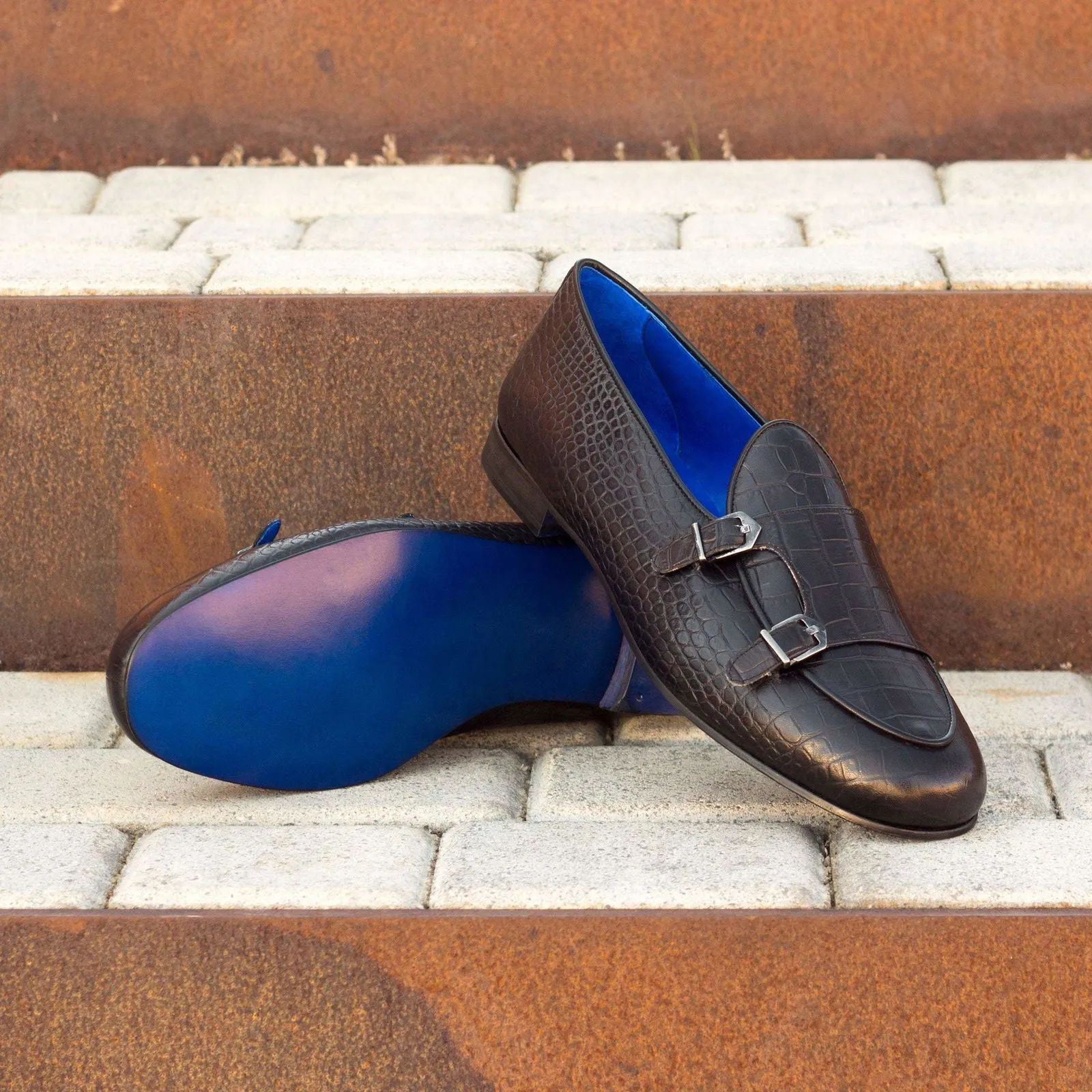 Monk Slipper-Painted Croco, Calf Leather, Black-Wholesale