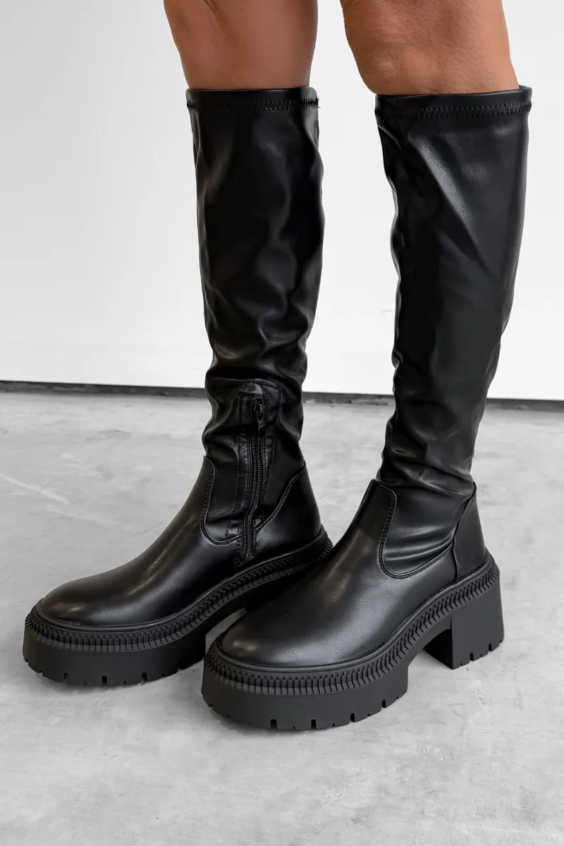 RETROGRADE Stretchy Chunky Knee High Boots - Black PU