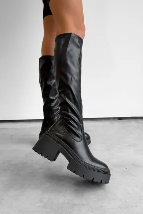 RETROGRADE Stretchy Chunky Knee High Boots - Black PU