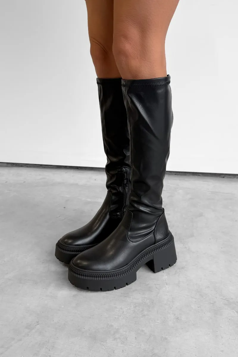 RETROGRADE Stretchy Chunky Knee High Boots - Black PU