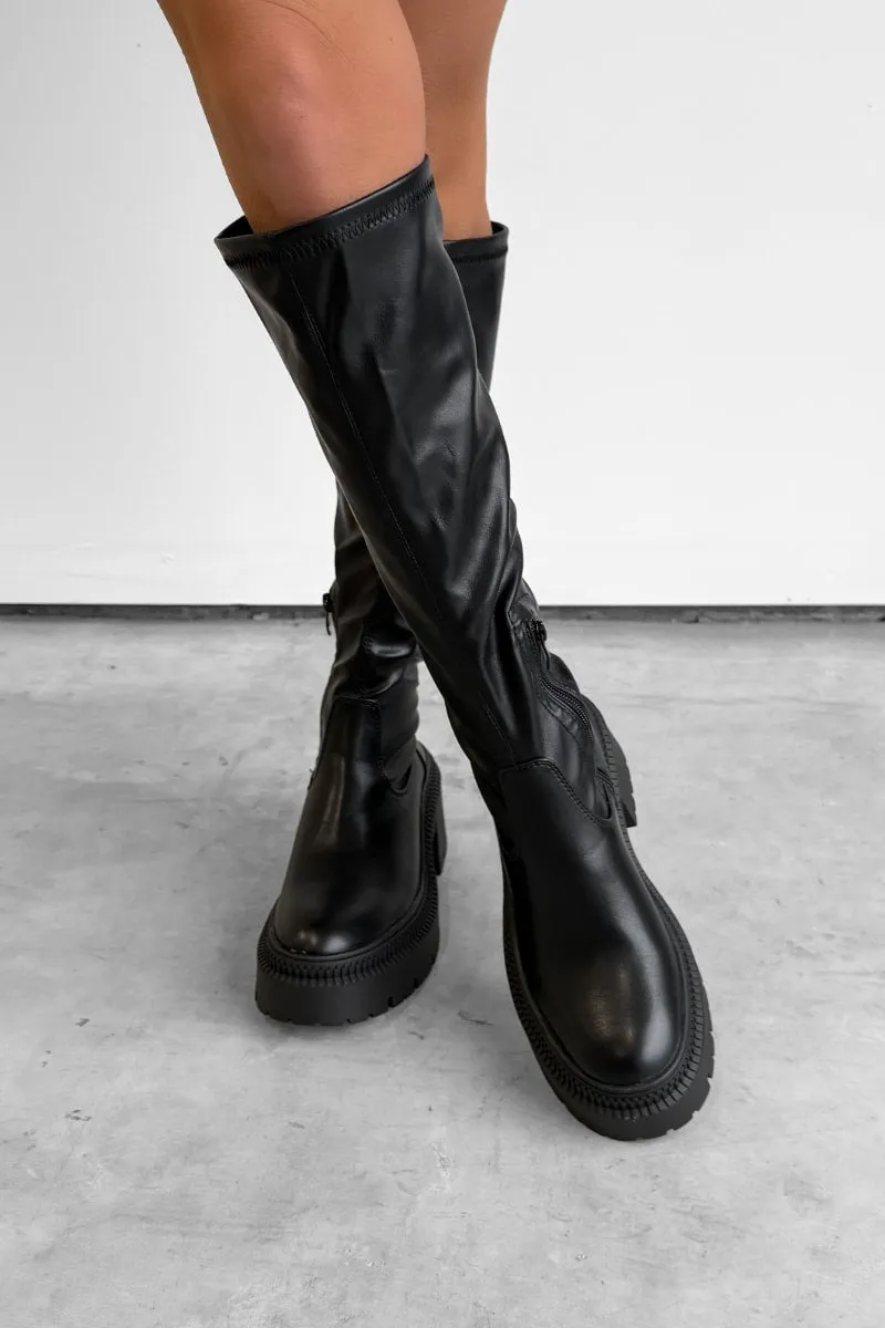RETROGRADE Stretchy Chunky Knee High Boots - Black PU