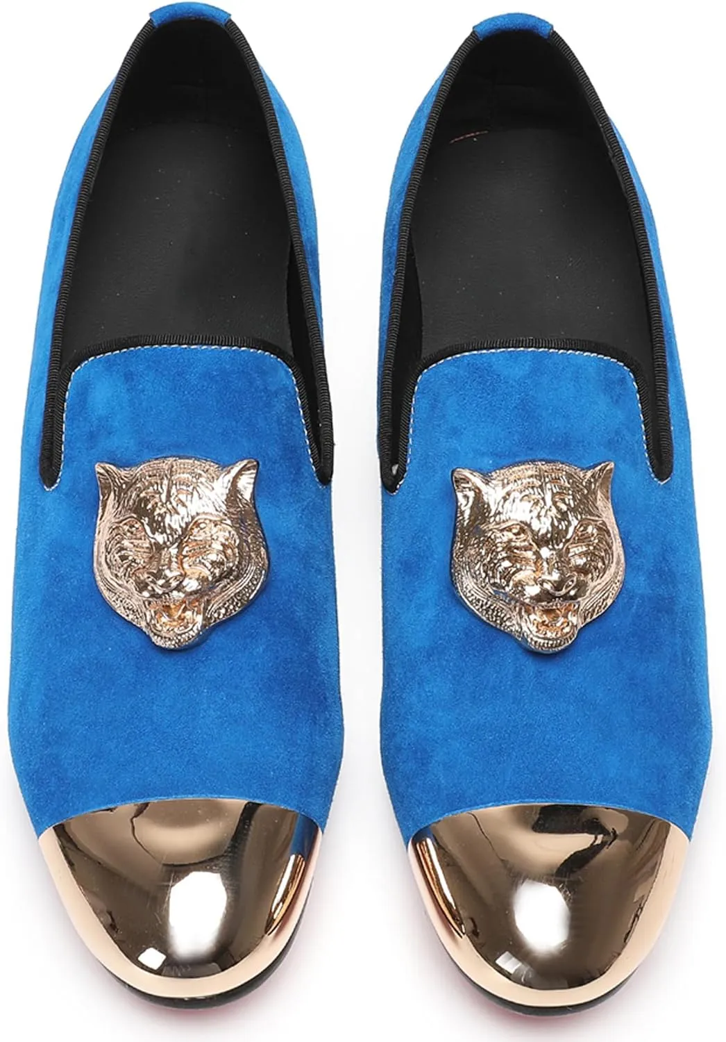 Santimon Mens Loafers Slip On Casual Wedding Dress Suede Penny Loafers Metal Cap Toe Tiger's Head Blue Dress Prom Smoking Shoes Fashion Ballroom Tuxedo Party Disco Tuxedo Western Mocasines for Men