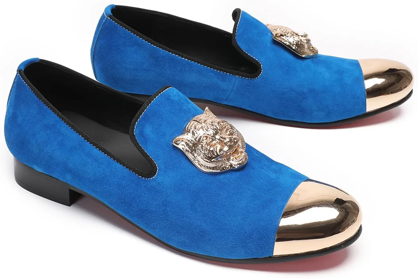 Santimon Mens Loafers Slip On Casual Wedding Dress Suede Penny Loafers Metal Cap Toe Tiger's Head Blue Dress Prom Smoking Shoes Fashion Ballroom Tuxedo Party Disco Tuxedo Western Mocasines for Men