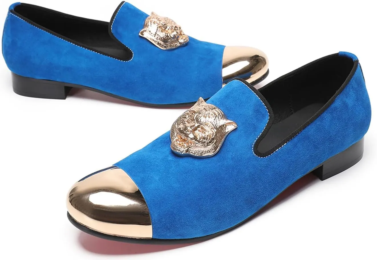 Santimon Mens Loafers Slip On Casual Wedding Dress Suede Penny Loafers Metal Cap Toe Tiger's Head Blue Dress Prom Smoking Shoes Fashion Ballroom Tuxedo Party Disco Tuxedo Western Mocasines for Men