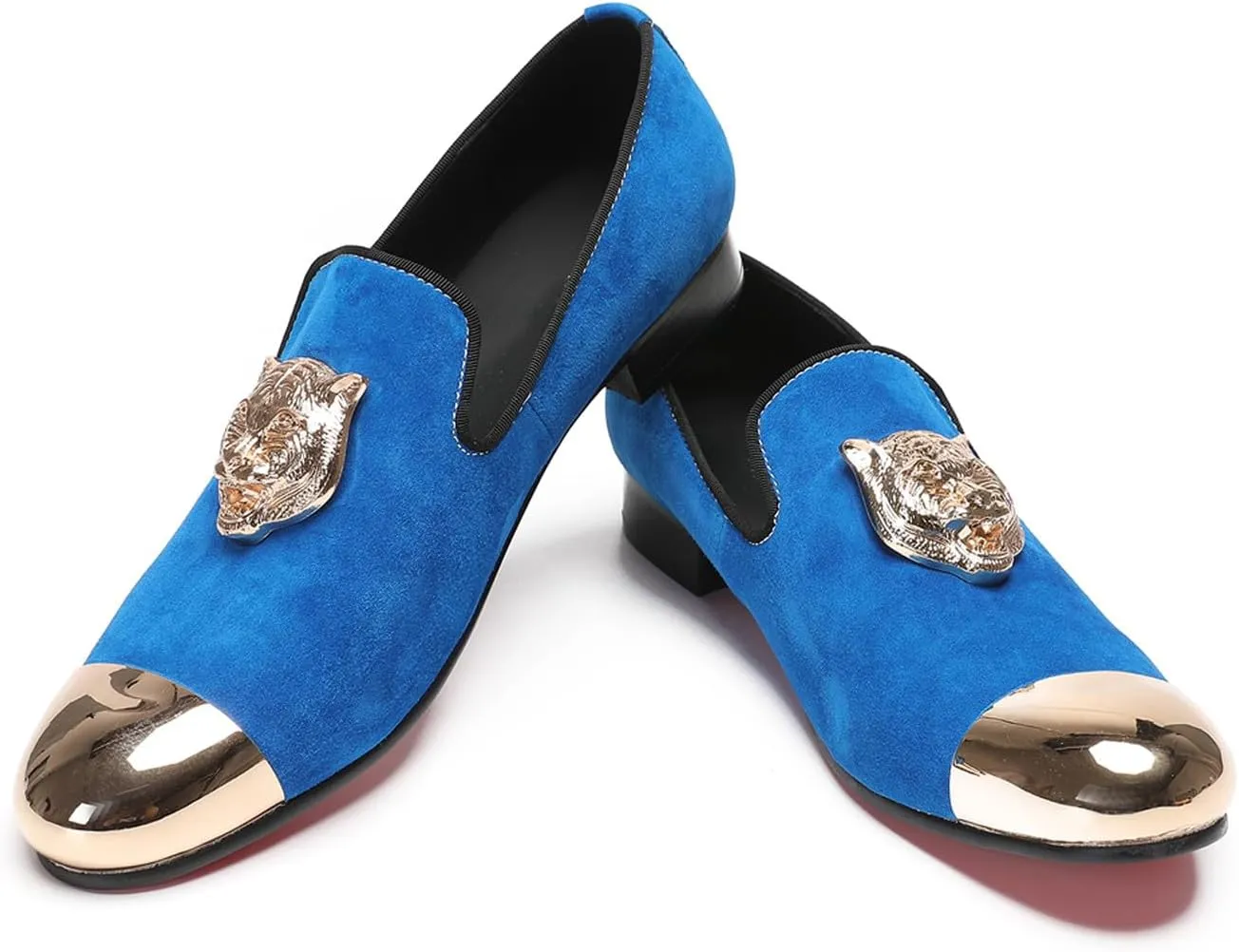 Santimon Mens Loafers Slip On Casual Wedding Dress Suede Penny Loafers Metal Cap Toe Tiger's Head Blue Dress Prom Smoking Shoes Fashion Ballroom Tuxedo Party Disco Tuxedo Western Mocasines for Men