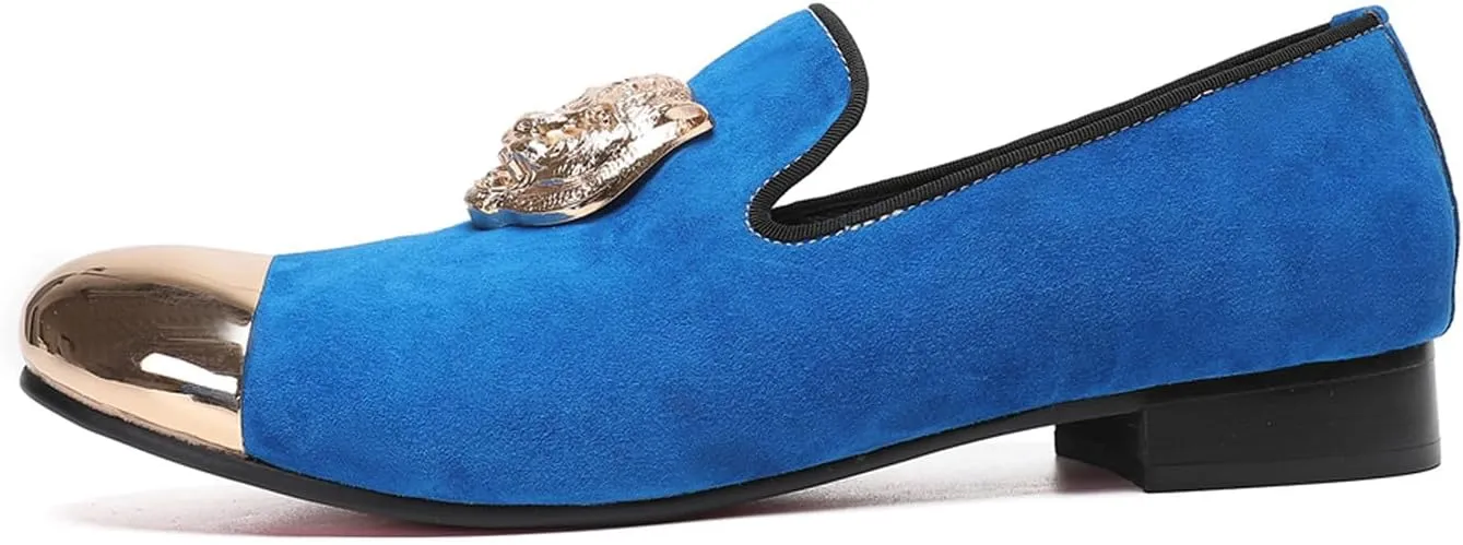 Santimon Mens Loafers Slip On Casual Wedding Dress Suede Penny Loafers Metal Cap Toe Tiger's Head Blue Dress Prom Smoking Shoes Fashion Ballroom Tuxedo Party Disco Tuxedo Western Mocasines for Men