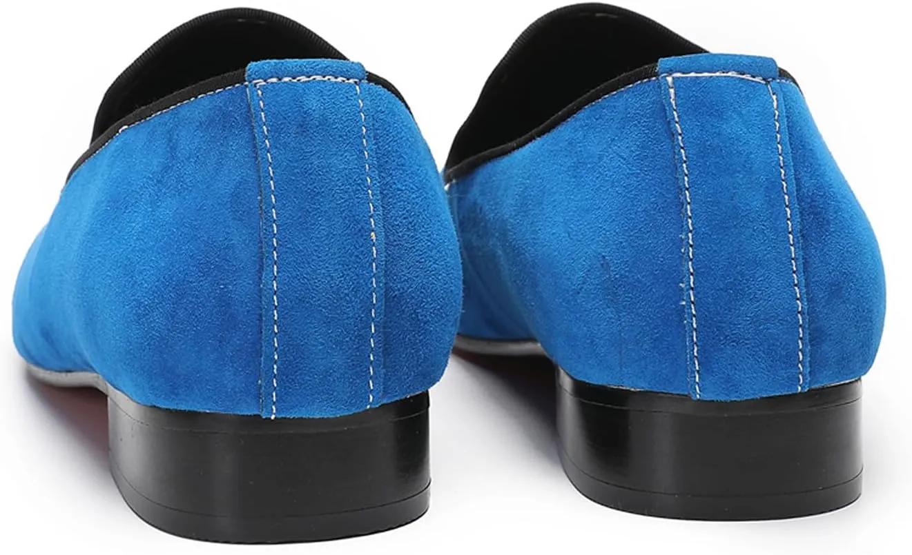 Santimon Mens Loafers Slip On Casual Wedding Dress Suede Penny Loafers Metal Cap Toe Tiger's Head Blue Dress Prom Smoking Shoes Fashion Ballroom Tuxedo Party Disco Tuxedo Western Mocasines for Men