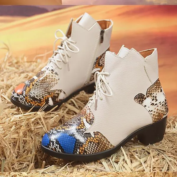 Women's Ethnic Snake Print Chunky Heel Short Boots 97769092S