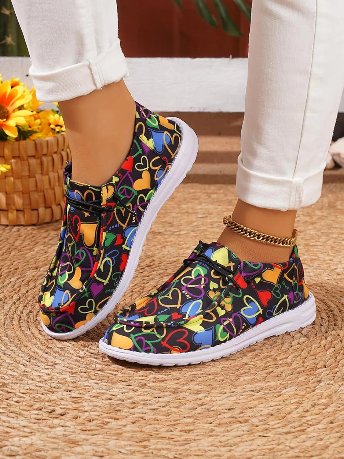 Women's Slip Canvas Sneakers Lace-up Loafers Colorful Cartoon Floral Print Lightweight Comfortable Stylish Easy to Wear Casual Suitable for Daily Drive Wear