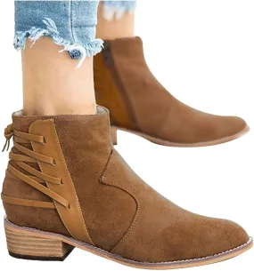 ZBYY Women's Ankle Boots Low Heels Chunky Booties Pointed Toe Western Shoes Cross Bandage Chelsea Comfy Short Boots