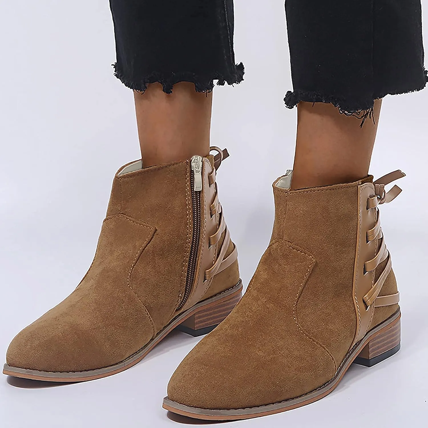 ZBYY Women's Ankle Boots Low Heels Chunky Booties Pointed Toe Western Shoes Cross Bandage Chelsea Comfy Short Boots